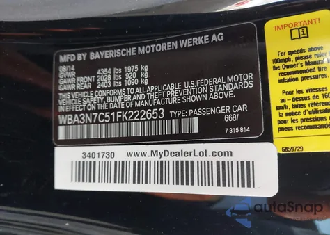 2015 BMW 428I z USA, uszkodzony, nr VIN WBA3N7C51FK222653